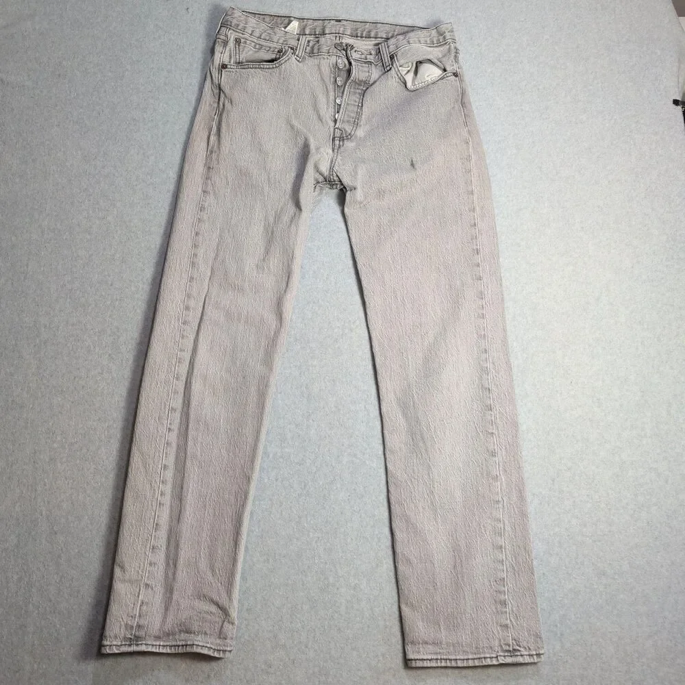 Levis 501 Jeans Mens 32x32 Gray Light Wash Straight Button Fly Regular Fit Denim